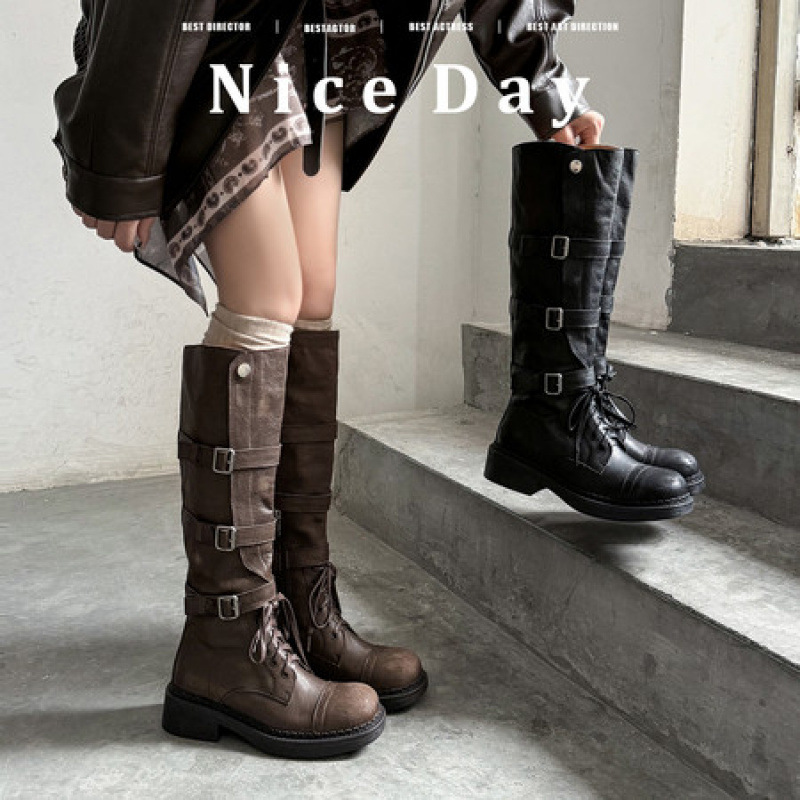 复古真皮高筒骑士靴黑色显瘦时尚长筒靴女秋冬新款真皮长筒西部靴
