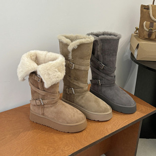 女靴子 加绒灰色长筒毛毛靴两穿保暖棉鞋 厚底雪地靴女2025新款 冬季