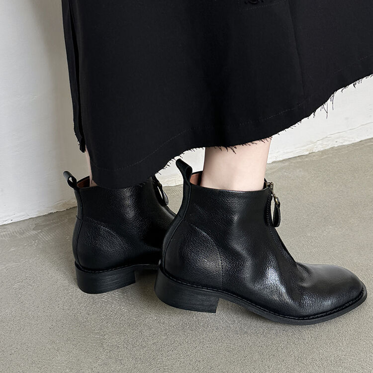 全真皮马丁靴女2024新款秋冬前拉链短靴低跟方头瘦瘦靴子单里短筒