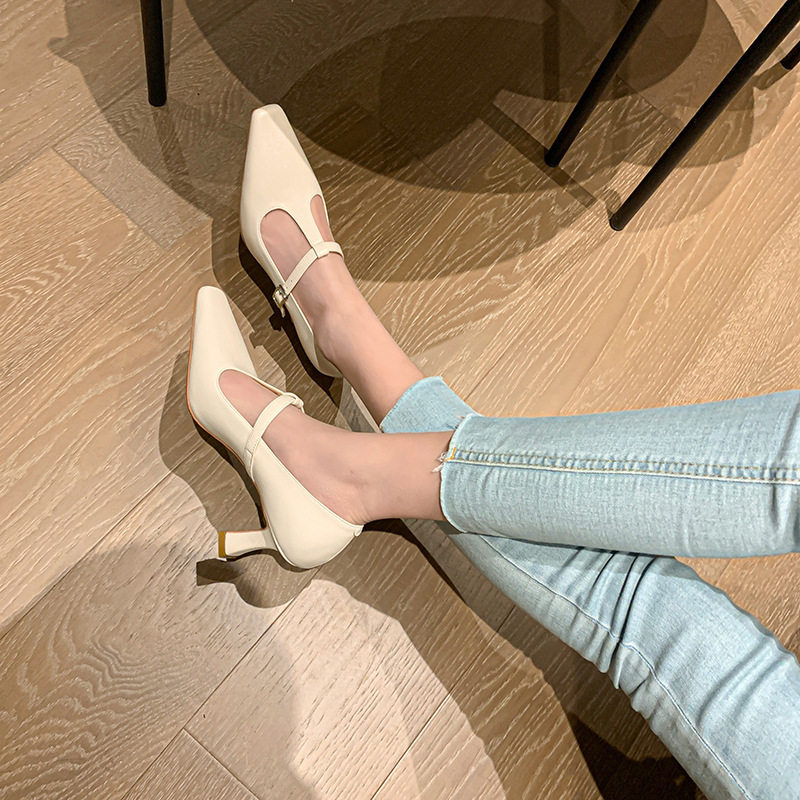 玛丽珍单鞋女2023春季复古杏色细跟高跟鞋T字带猫跟配裙子小皮鞋,女鞋,马丁靴,淘宝优惠券,粉丝福利购,淘宝优惠卷