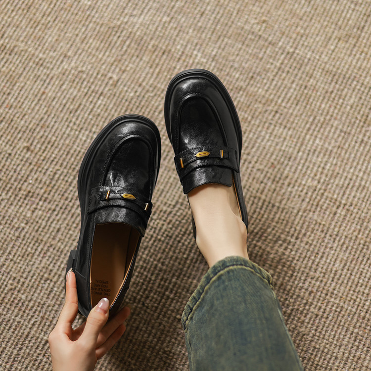 5cm手抓羊皮~休闲新款真皮单鞋女粗跟法式小皮鞋一脚蹬乐福鞋春夏