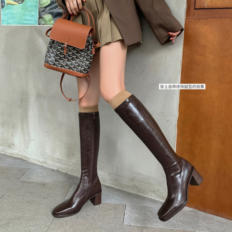 静音底~法式方头粗跟弹力高筒瘦瘦靴显瘦通勤OL高跟黑色长筒靴女