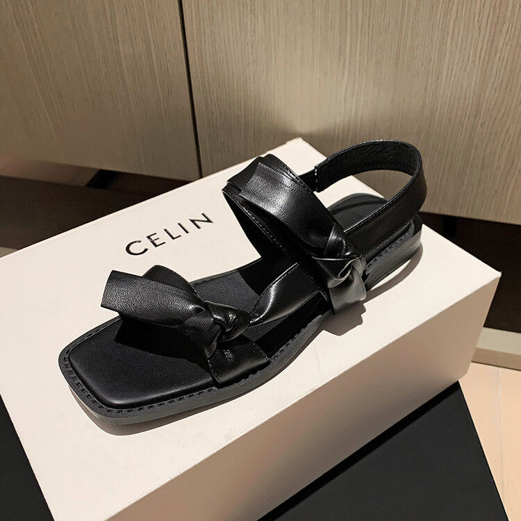 韩版蝴蝶结女鞋夏季新款度假风牛皮平底方头露趾凉鞋女,童鞋/婴儿鞋/亲子鞋,帆布鞋,淘宝优惠券,粉丝福利购,淘宝优惠卷