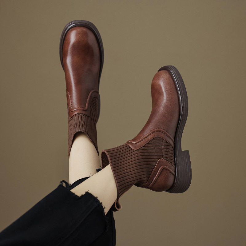 艾妃 巨好穿~真皮圆头毛线短靴2023秋季显瘦粗跟袜靴中跟女靴子,流行男鞋,马丁靴,淘宝优惠券,粉丝福利购,淘宝优惠卷