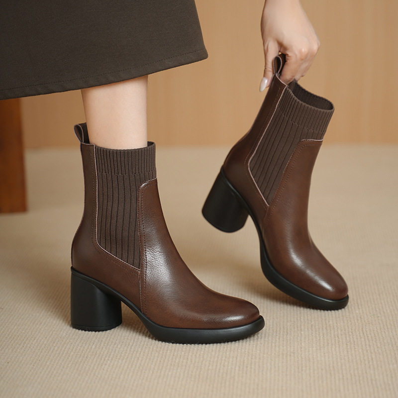 时尚毛线口粗跟圆头短靴女秋冬新款拼接套脚时装靴舒适中跟瘦瘦靴,女鞋,马丁靴,淘宝优惠券,粉丝福利购,淘宝优惠卷