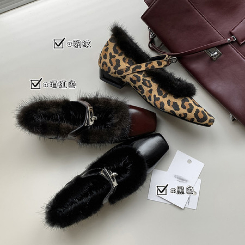 真皮法式复古锁扣豹纹马毛玛丽珍单鞋毛毛鞋女秋冬季外穿加绒