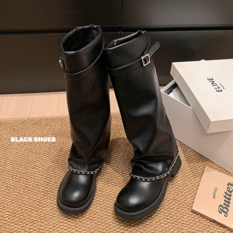 4cm时尚圆头粗跟高筒骑士靴女百搭纯色韩版风牛皮套筒裤管时装靴,女鞋,马丁靴,淘宝优惠券,粉丝福利购,淘宝优惠卷