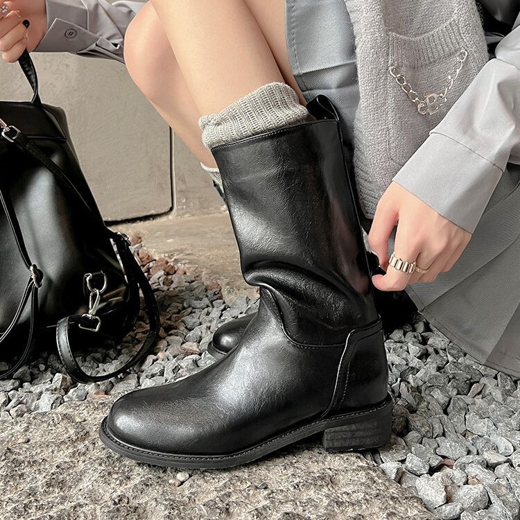 英伦风圆头牛皮bai搭中筒靴大筒围靴子套筒骑士靴秋冬休闲女靴