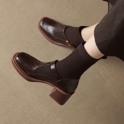 7CM！复古风圆头厚底粗跟玛丽珍鞋女2025新款真皮时尚深口高跟鞋