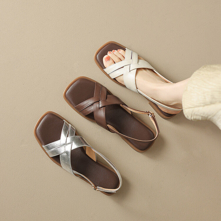 软底不累脚！2024新款真皮凉鞋女夏季外穿配裙子的牛筋底低跟女鞋