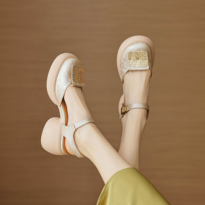 不累脚真皮厚底包头女鞋配裙子凉鞋女2024新款夏季法式粗跟高跟鞋,运动/瑜伽/健身/球迷用品,广场舞鞋,淘宝优惠券,粉丝福利购,淘宝优惠卷
