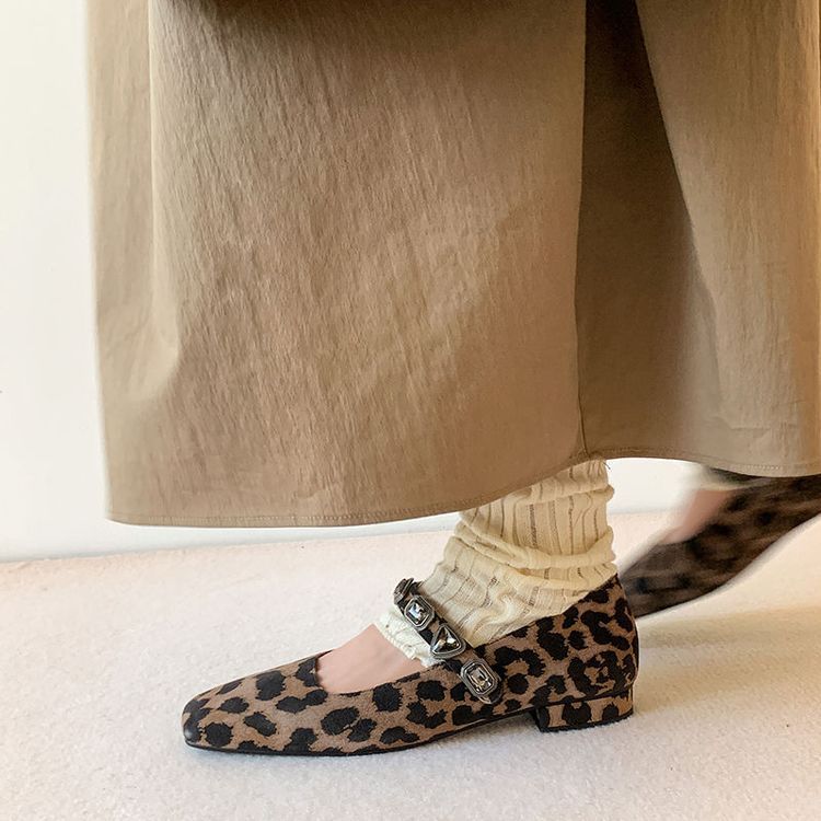 单鞋女玛丽珍平底方头磨砂豹纹一字带2024新款秋冬法式今年流行的