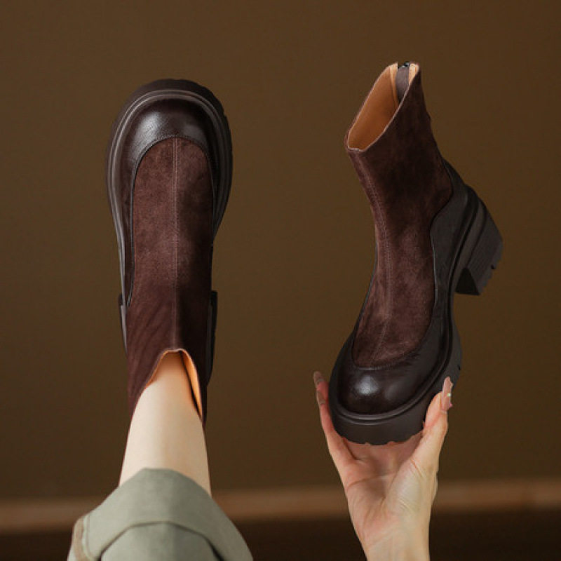 厚底马丁靴女款秋冬新款单靴棕色复古粗跟短靴弹力瘦瘦靴切尔西靴,女鞋,马丁靴,淘宝优惠券,粉丝福利购,淘宝优惠卷