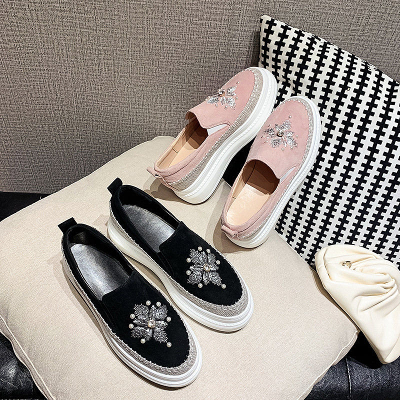 新款真皮单鞋女一脚蹬刺绣水钻乐福鞋厚底高跟松糕懒人鞋