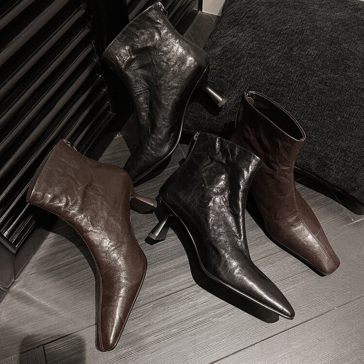 羊皮小方头折皱靴女单靴秋冬新品纯色粗跟高跟鞋后拉链女式短靴子,户外/登山/野营/旅行用品,登山鞋/徒步鞋,淘宝优惠券,粉丝福利购,淘宝优惠卷