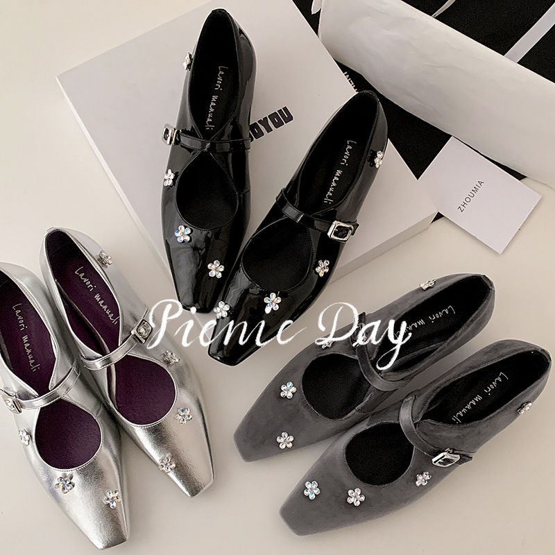 真皮法式水钻花朵绝美超软羊皮银色内增高玛丽珍鞋灰色平底单鞋女