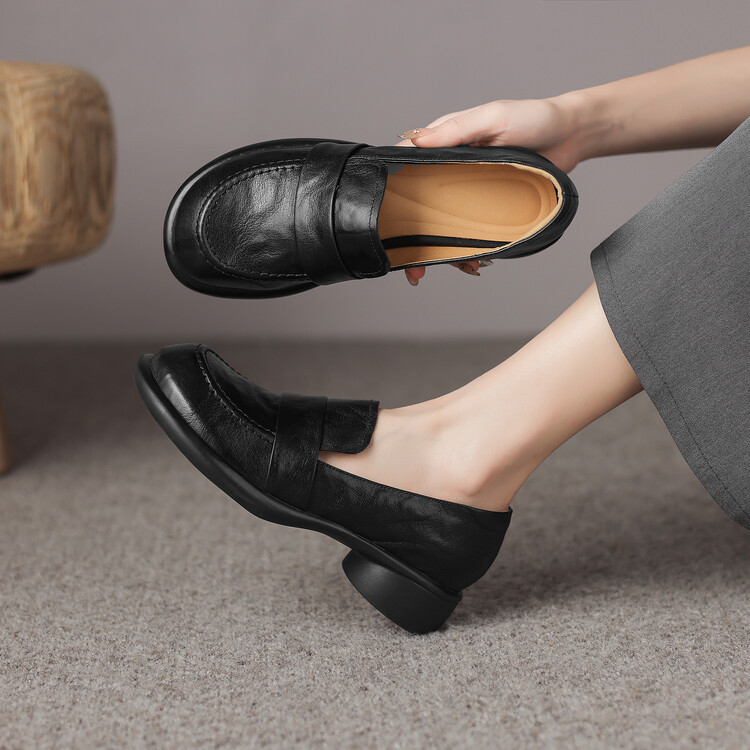 复古棕色软皮软底乐福鞋女法式低跟粗跟圆头单鞋真皮英伦风小皮鞋