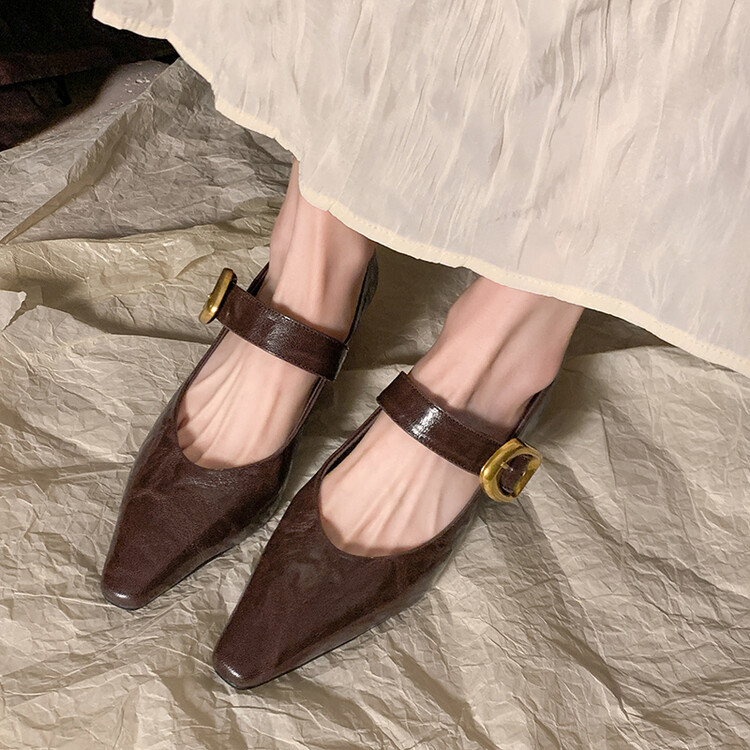 小皮鞋玛丽珍鞋时尚复古粗跟方头浅口真皮法式百搭坡跟2025新款春