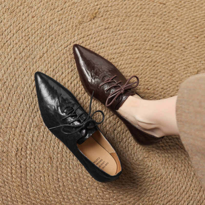 3cm粗低跟羊皮深口单鞋女春秋新款法式复古棕色系带英伦风小皮鞋
