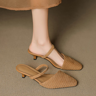 新款 女外穿2025夏季 中跟细跟凉拖 绝美包头拖鞋 巨舒服超软真皮法式