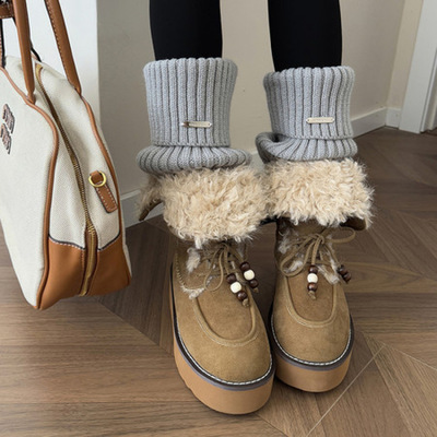 短靴子女小个子保暖加绒2025新款冬雪地靴系带松糕厚底中筒大棉鞋