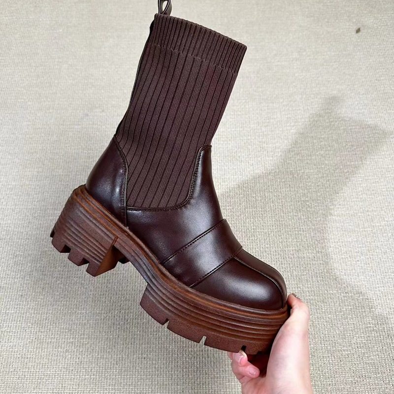 小个子厚底增高学院风圆头针织袜靴2024秋季百搭短筒靴大码33-43,女鞋,马丁靴,淘宝优惠券,粉丝福利购,淘宝优惠卷