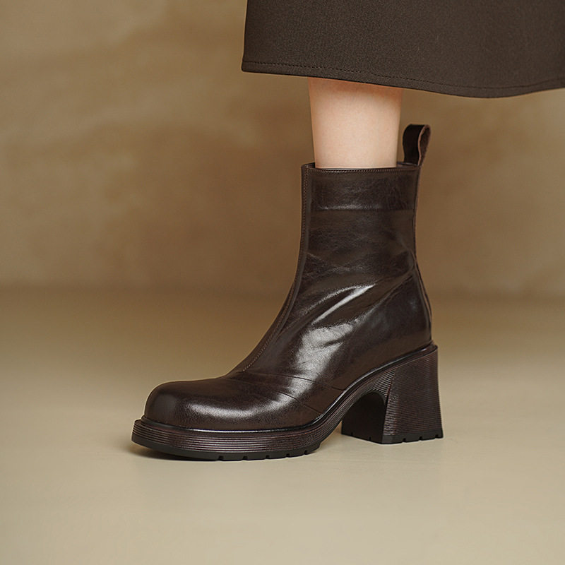 真皮马丁靴女厚底复古纯色圆头小个子高跟单靴粗跟侧拉链瘦瘦靴子,居家布艺,居家婚庆拖鞋,淘宝优惠券,粉丝福利购,淘宝优惠卷