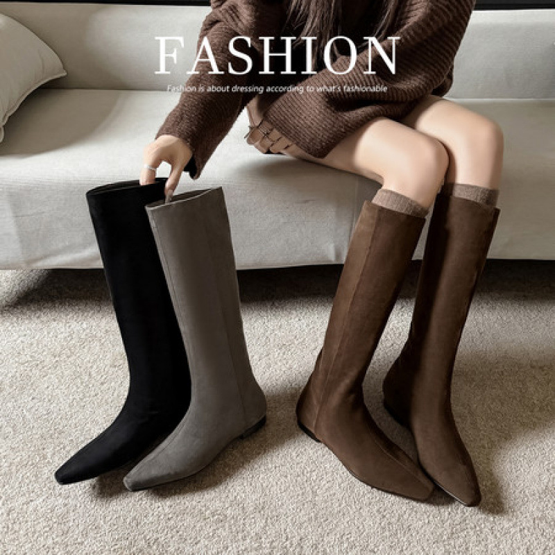 隐形增高5cm！内增高靴子方头瘦瘦靴2025新款棕色长靴坡跟中筒靴