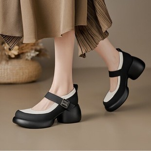 女粗跟松糕底拼色圆头单鞋 2024春夏新款 真皮厚底黑色浅口玛丽珍鞋