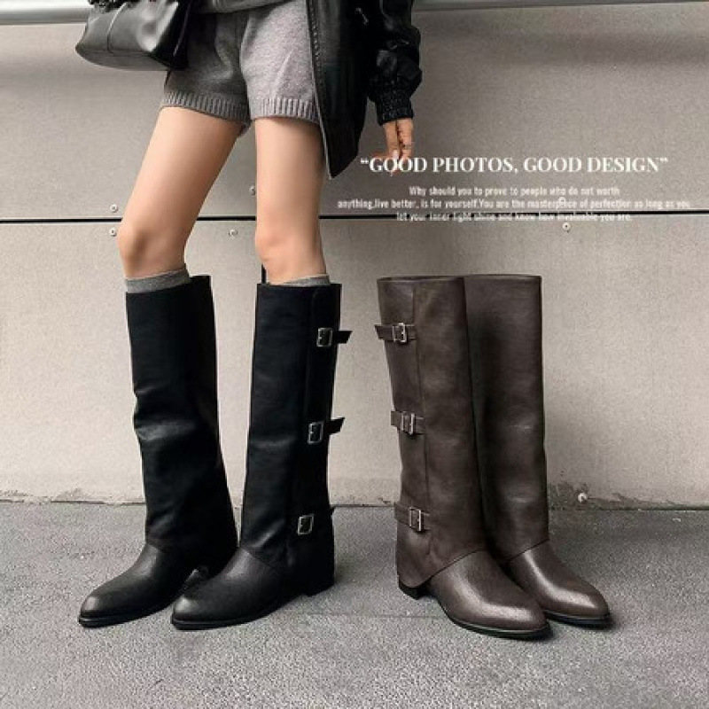 棕色复古粗跟高筒裤管靴骑士靴早秋新款长靴法式女靴子西部牛仔靴