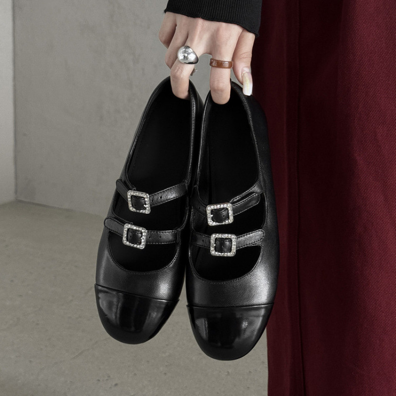 2025韩版玛丽珍单鞋女法式小香风浅口平底鞋圆头真皮双扣带小皮鞋