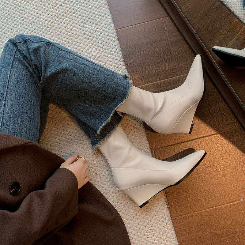 法式尖头高跟瘦瘦短靴2025秋冬时尚百搭坡跟弹力靴子女靴纯色单靴,居家布艺,居家婚庆拖鞋,淘宝优惠券,粉丝福利购,淘宝优惠卷