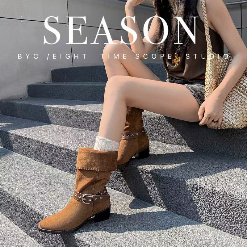 2025新款复古粗跟西部靴中筒靴尖头绒面靴子皮带扣女骑士靴沙漠靴,居家布艺,居家婚庆拖鞋,淘宝优惠券,粉丝福利购,淘宝优惠卷