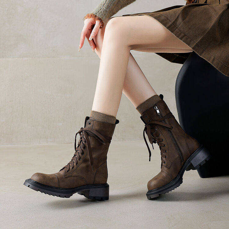 秋冬靴子棕色真皮系带马丁靴女英伦风粗跟短靴女春秋单靴中跟圆头,居家布艺,居家婚庆拖鞋,淘宝优惠券,粉丝福利购,淘宝优惠卷