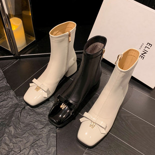 小香风粗跟拼接短靴女牛皮欧美简约秋冬新款中筒后拉链瘦瘦靴皮子