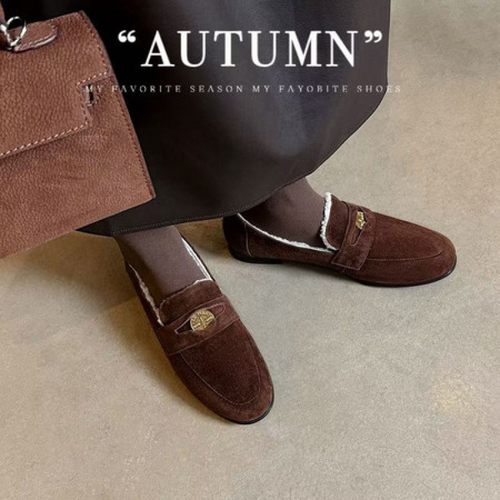 法式单鞋软羊皮豆豆鞋女冬加绒平底软底金币乐福鞋真皮小皮鞋