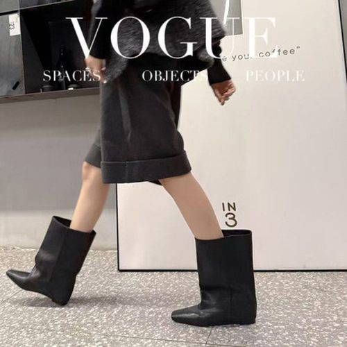 欧洲站方头短靴女2025秋季新款真皮百搭时装短筒靴内增高马丁靴子