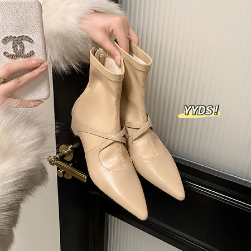 2025巨好看的短靴女真皮法式气质尖头粗跟玛丽珍袜子靴杏色小踝靴