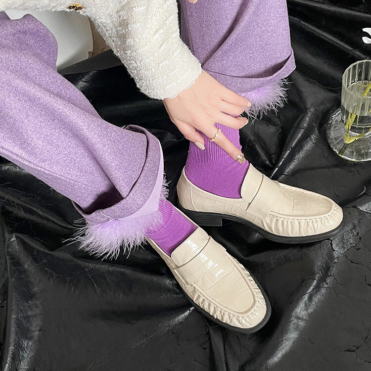 褶皱鳄鱼纹！法式圆头复古时尚乐福鞋女粗跟一脚蹬小皮鞋