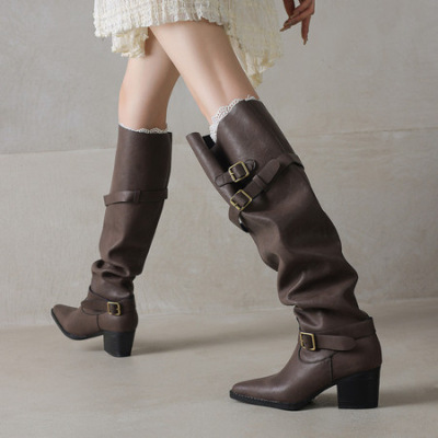 长筒靴子女士秋冬超火御姐美拉德小个子骑士修饰腿型黑色尖头堆堆