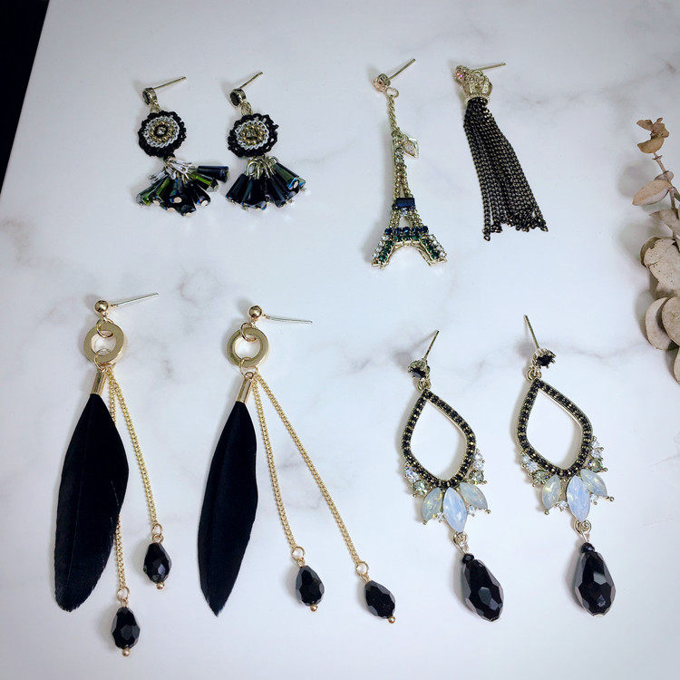 925银针防过敏日韩版韩国宫廷复古百搭个性流苏黑色耳坠耳钉耳环