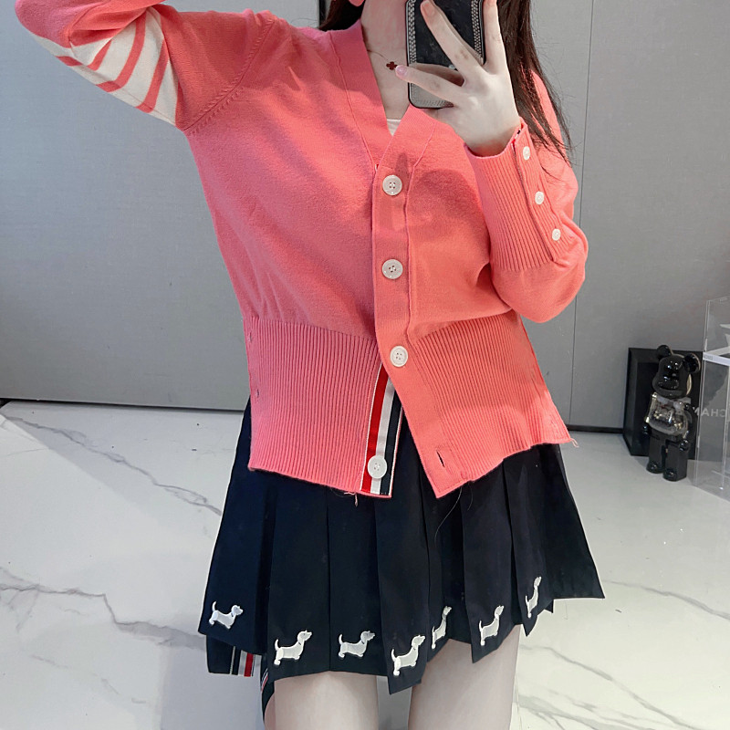 tb玫粉色针织开衫女修身显白四条杠v领羊毛长袖外穿毛衣外套甜美