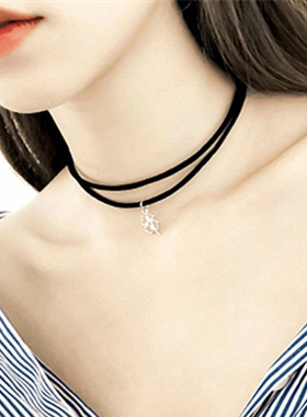 韩版百搭项链女学生绒带蕾丝黑色