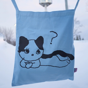 曼斯特物种问号猫布包大容量通勤帆布环保斜挎单肩包购物袋男女