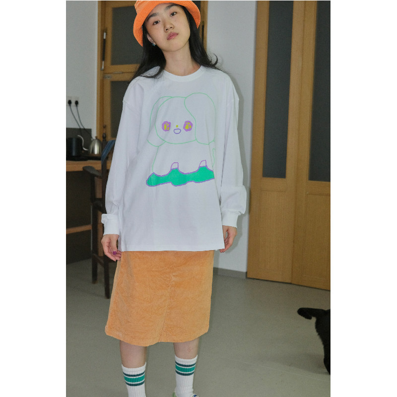 曼斯特物种绿狗长袖原创设计小众可爱卡通印花宽松纯棉情侣女T恤