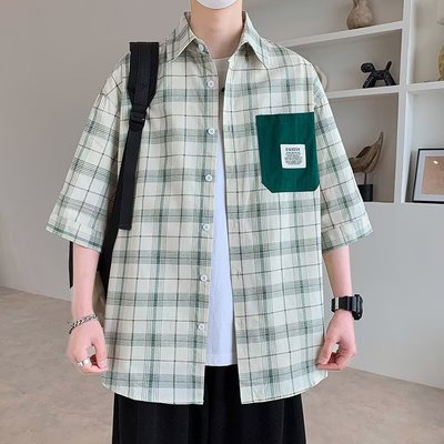 原宿夏季青少年五分袖衬衫男孩初中高中学生大童短袖格子衬衣外套