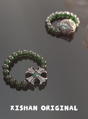 希山原创小众设计天然绿砂潮酷戒指男十字架豹子气质食指戒送男友