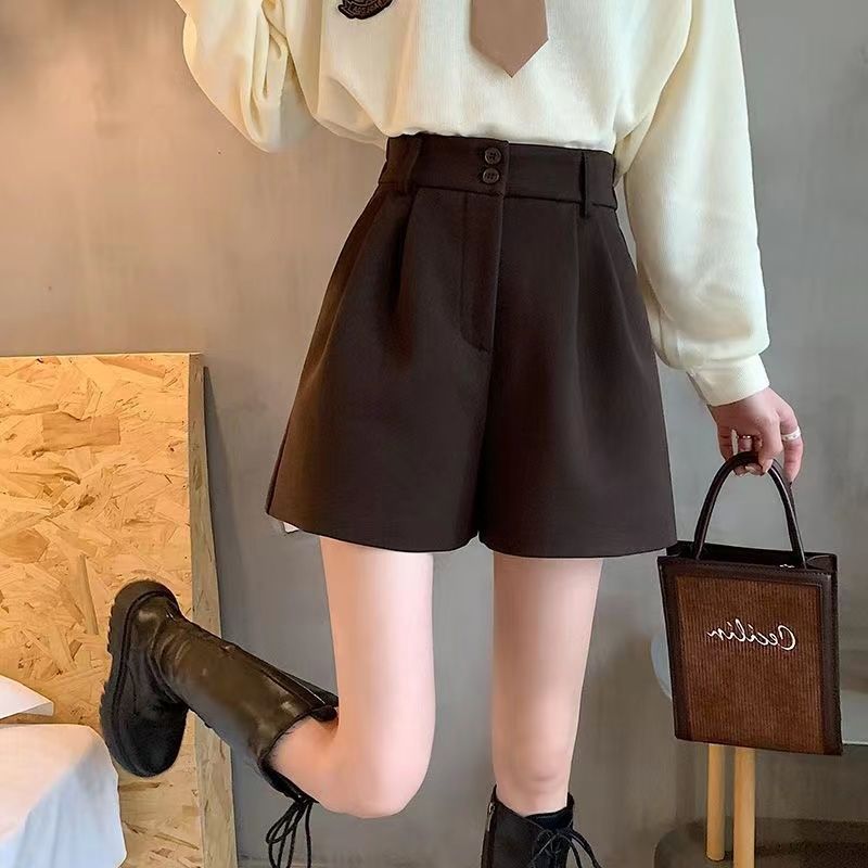 高腰ins阔腿靴裤毛呢短裤女秋冬