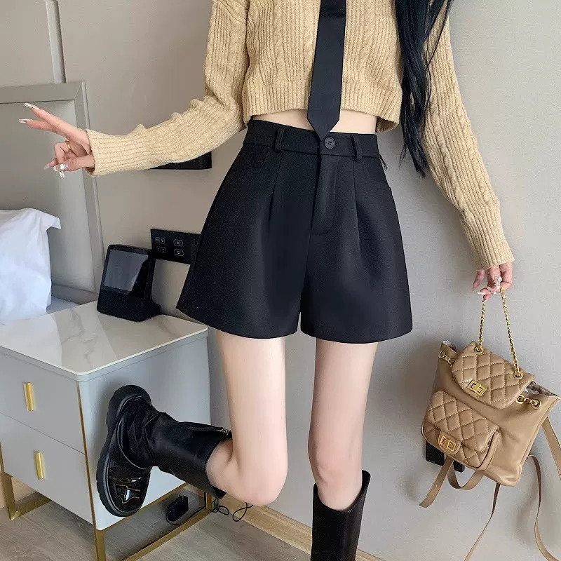 毛呢西装短裤女春秋靴裤高腰阔腿