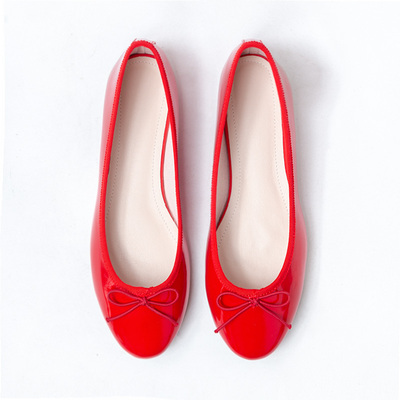 红色漆皮蝴蝶结学生芭蕾平底鞋